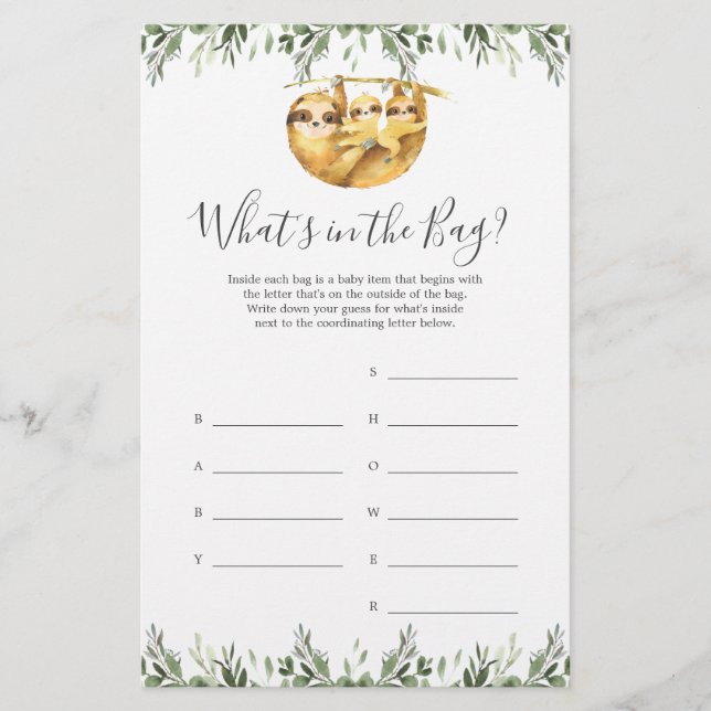 Sloth Baby Shower Guess What's in the Bag Game (Front)