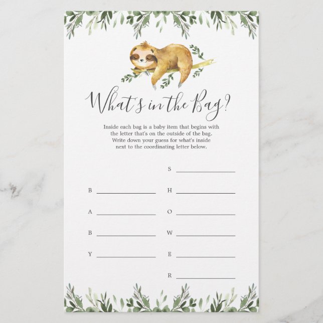 Sloth Baby Shower Guess What's in the Bag Game (Front)