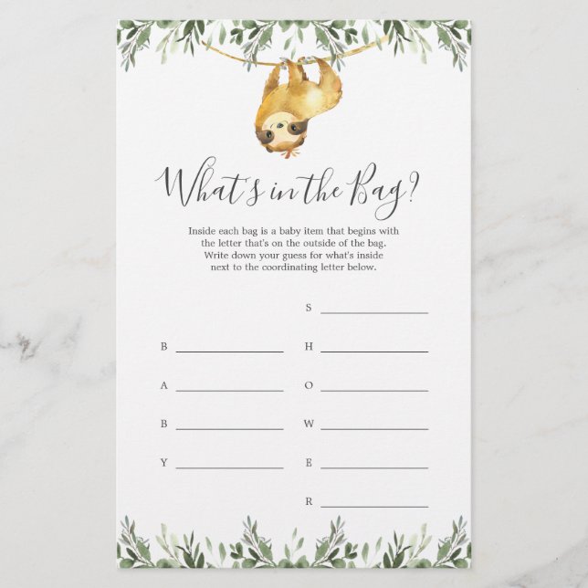 Sloth Baby Shower Guess What's in the Bag Game (Front)