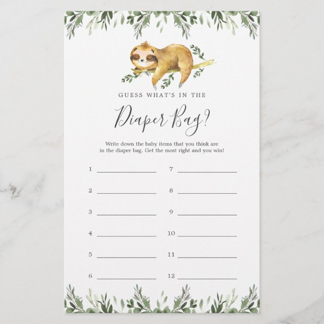 Sloth Baby Shower Guess What's in the Diaper Bag (Front)