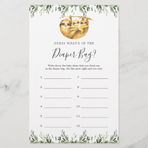 Sloth Baby Shower Guess What's in the Diaper Bag