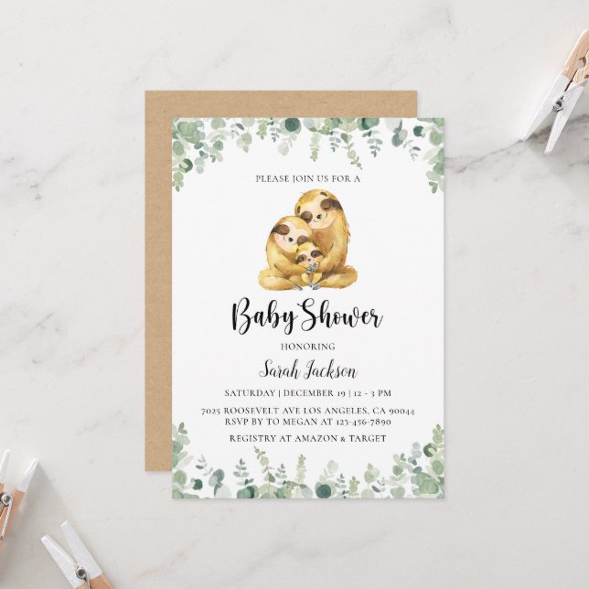Sloth Baby Shower Invitation (Front/Back In Situ)