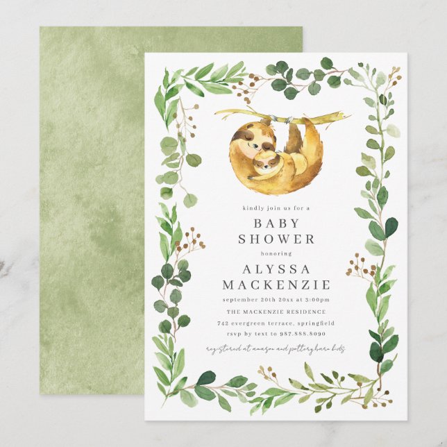 Sloth Baby Shower Invitation (Front/Back)