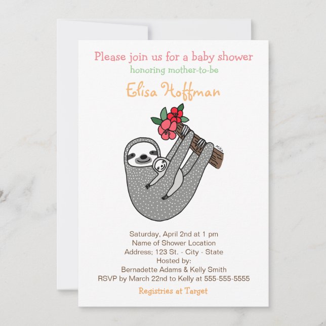 Sloth Baby Shower Invitation Cute Sloth Mom Baby (Front)