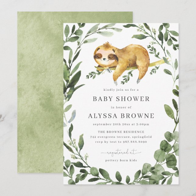 Sloth Baby Shower Invitation | Cute Woodland Theme (Front/Back)
