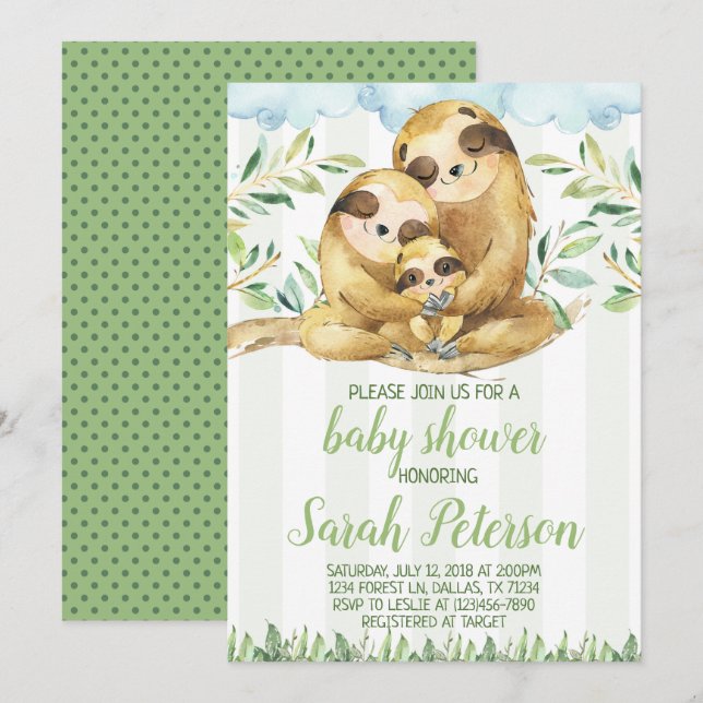 Sloth Baby Shower Invitation Invite (Front/Back)