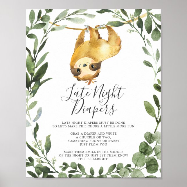 Sloth Baby Shower Late Night Diapers Sign (Front)