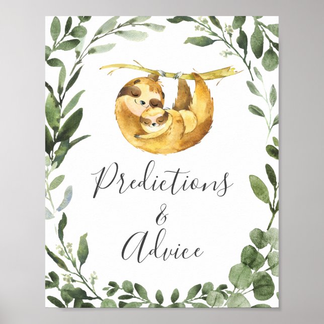 Sloth Baby Shower Predictions and Advice Sign (Front)