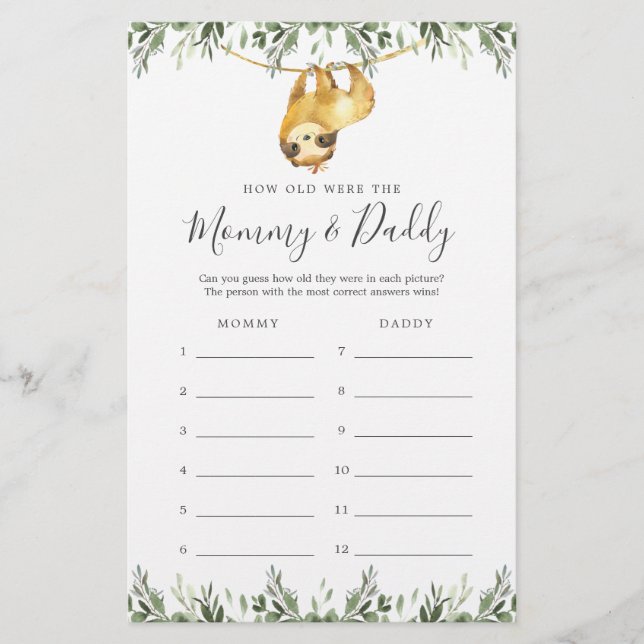 Sloth Baby shower Quel Âge Avaient-Ils Jeu Carte (Devant)