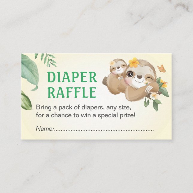 Sloth Baby Shower Sprinkle Diaper Raffle Ticket Enclosure Card (Front)