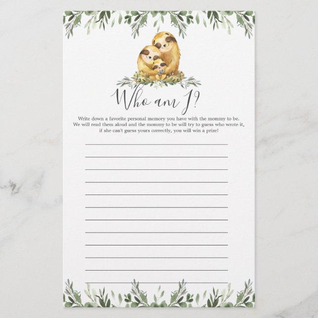 Sloth Baby Shower Who Am I Game (Front)