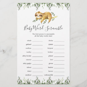 Sloth Baby Shower Word Scramble Game
