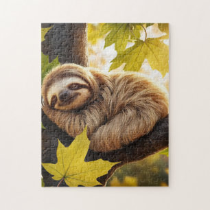 Sloth baby sleeping in tree unique fall jigsaw puzzle