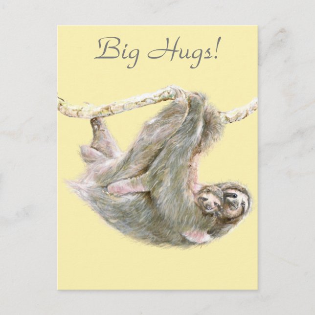 Sloth, baby with mom cuddling "Big Hugs" Postcard (Front)
