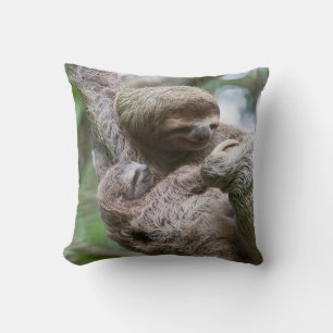 Sloth Baby with Mother Hanging from a Tree Throw Pillow