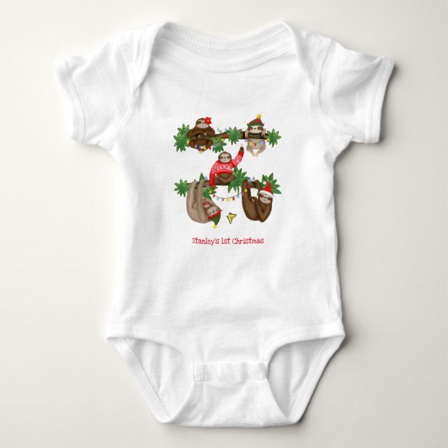 Sloth baby's 1st Christmas personalized bodysuit (Front)