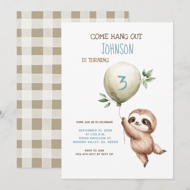 Sloth Birthday Come Hang Out 1st Birthday Invitation (Front/Back)
