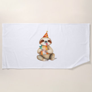 Sloth birthday gift cute funny happy party hat Cla Beach Towel