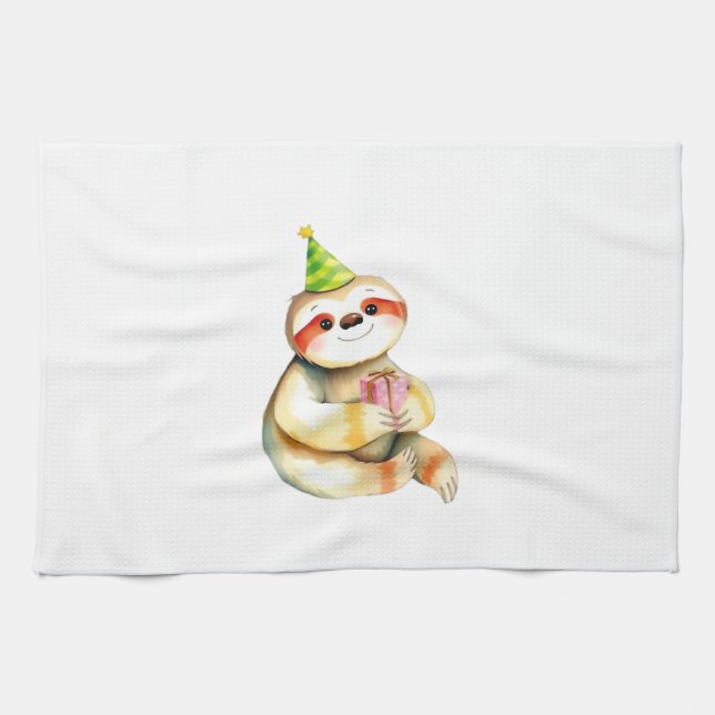 Sloth birthday gift cute funny happy party hat Cla Kitchen Towel (Horizontal)