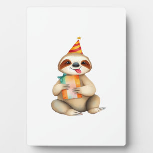 Sloth birthday gift cute funny happy party hat Cla Plaque