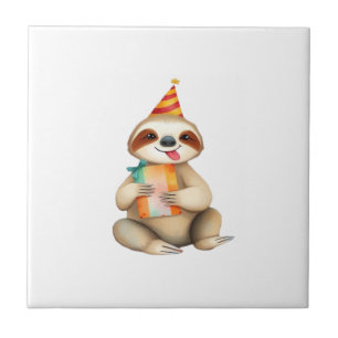 Sloth birthday gift cute funny happy party hat Cla Tile
