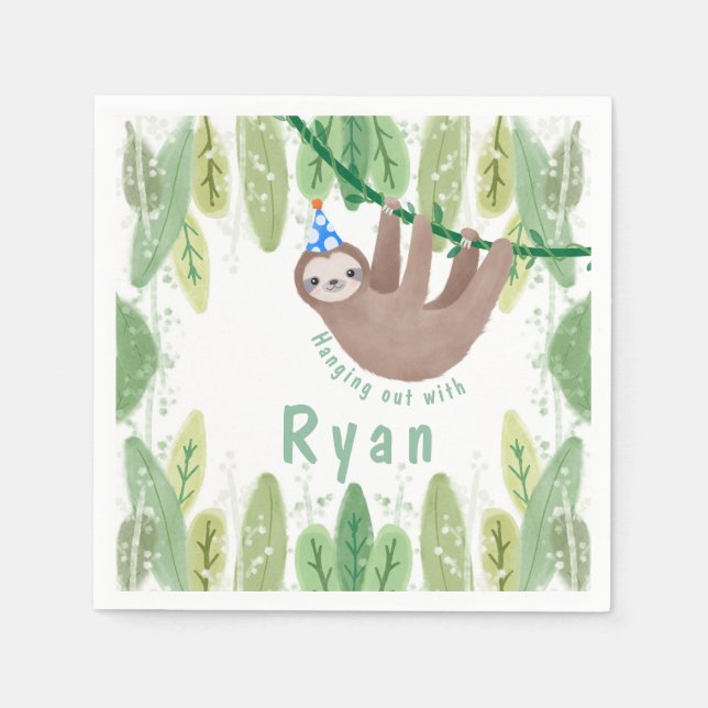 Sloth Birthday Party in White and Blue Napkin (Front)