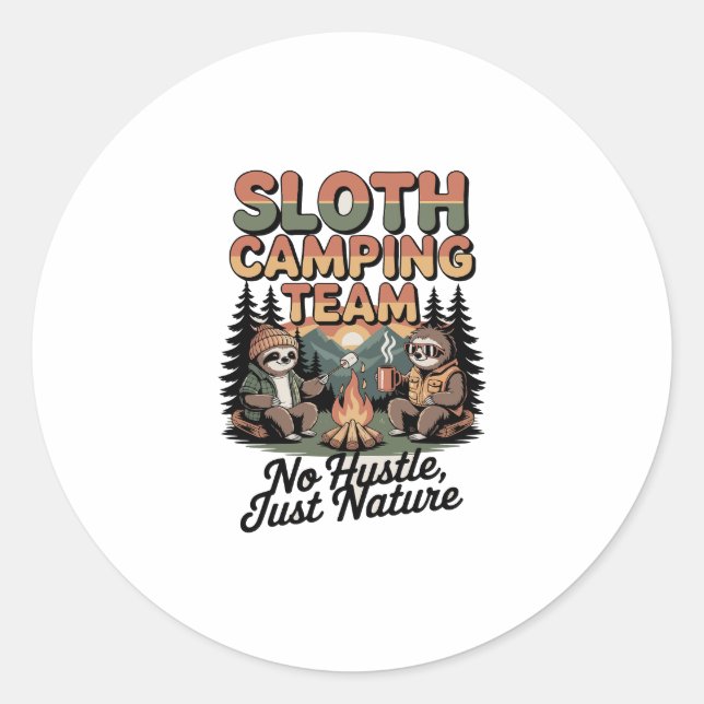 sloth camping team with nature classic round sticker (Front)
