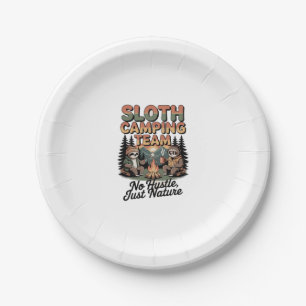 sloth camping team with nature paper plate