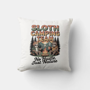 sloth camping team with nature throw pillow