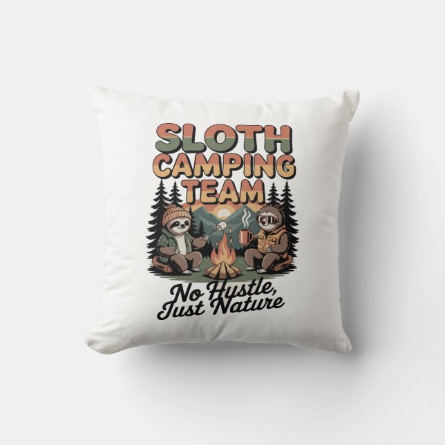 sloth camping team with nature throw pillow (Front)