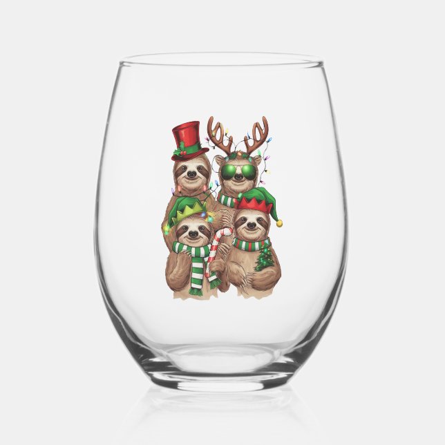 Sloth Christmas Merry Slothmas Sloth Lover Gift Stemless Wine Glass (Back)