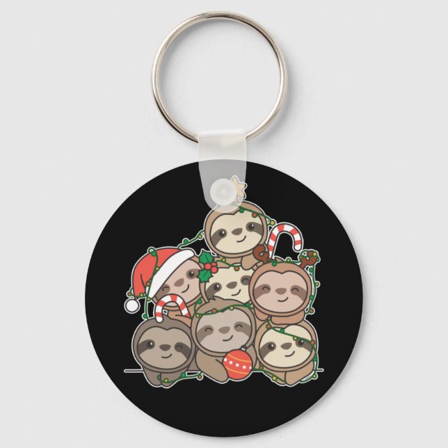 Sloth Christmas Tree Funny Animal Christmas Keycha Keychain (Front)