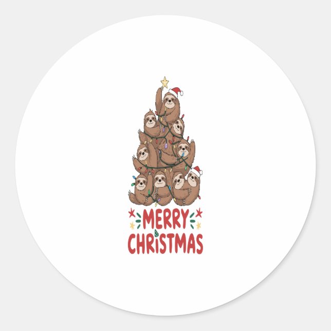Sloth Christmas Tree Merry Holiday Classic Round Sticker (Front)