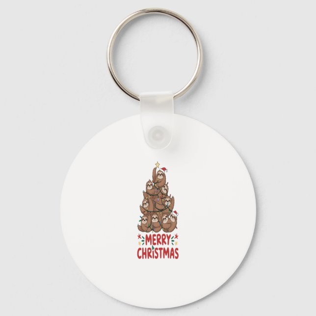 Sloth Christmas Tree Merry Holiday Keychain (Front)