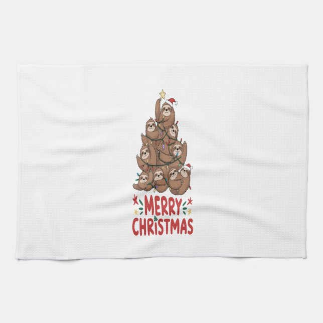 Sloth Christmas Tree Merry Holiday Kitchen Towel (Horizontal)