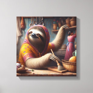 Sloth Cleaning a Kitchen Canvas Print