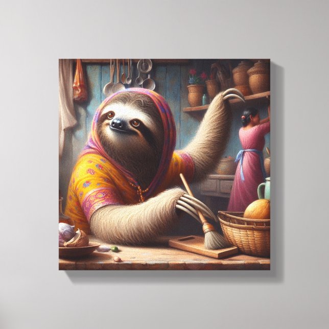 Sloth Cleaning a Kitchen Canvas Print (Front)