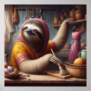 Sloth Cleaning a Kitchen Poster