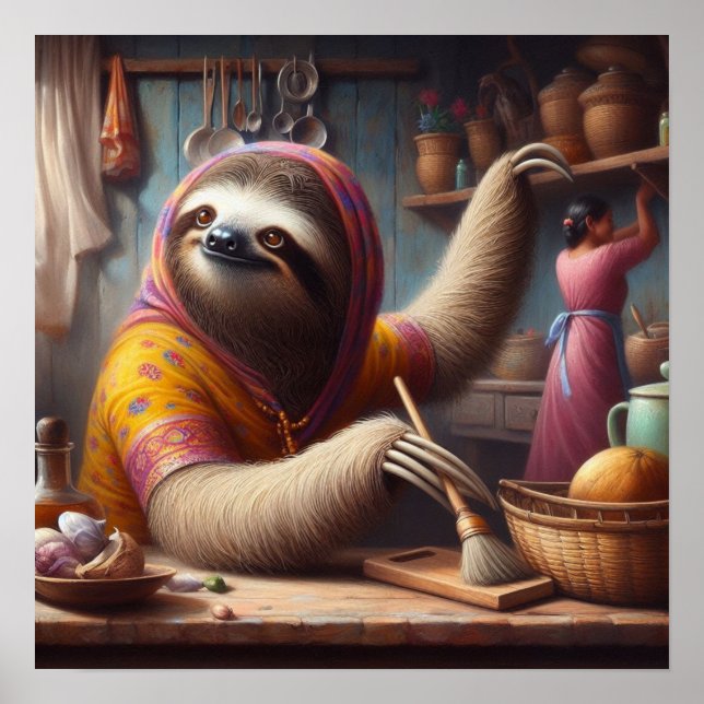 Sloth Cleaning a Kitchen Poster (Front)