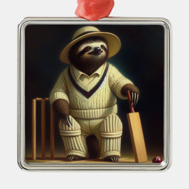 Sloth Cricket Player Metal Ornament (Front)
