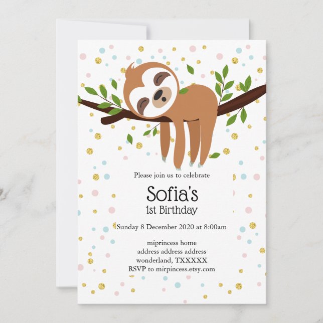 sloth, cute sloth, animal illustration invitation (Front)