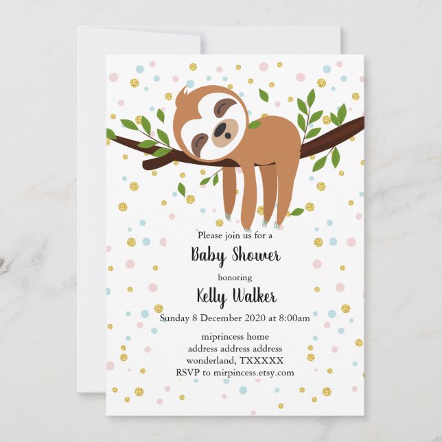 sloth, cute sloth, animal illustration invitation (Front)