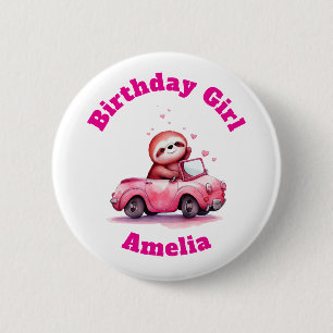 Sloth Driving a Pink Convertible Birthday Girl 2 Inch Round Button