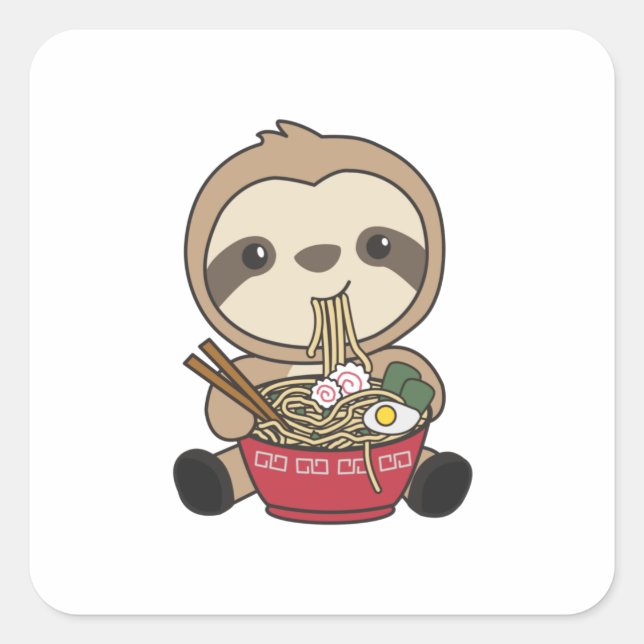 Sloth Eat Ramen Cute Kawaii Noodle Sloth Square Sticker (Front)