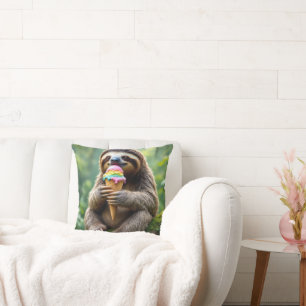 Sloth Eating a Rainbow Ice Cream Cone Throw Pillow