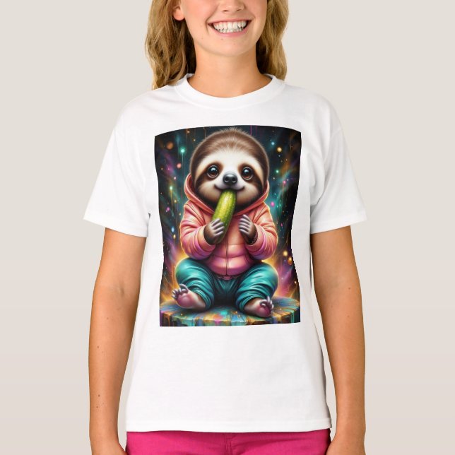 sloth eats a pickle cute cartoon T-Shirt (Front)