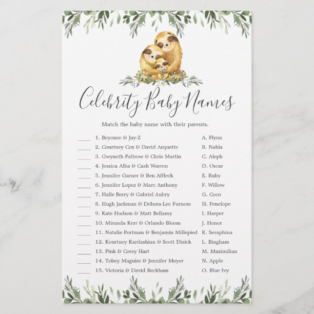 Sloth Family Baby Shower Celebrity Baby Names Game (Front)