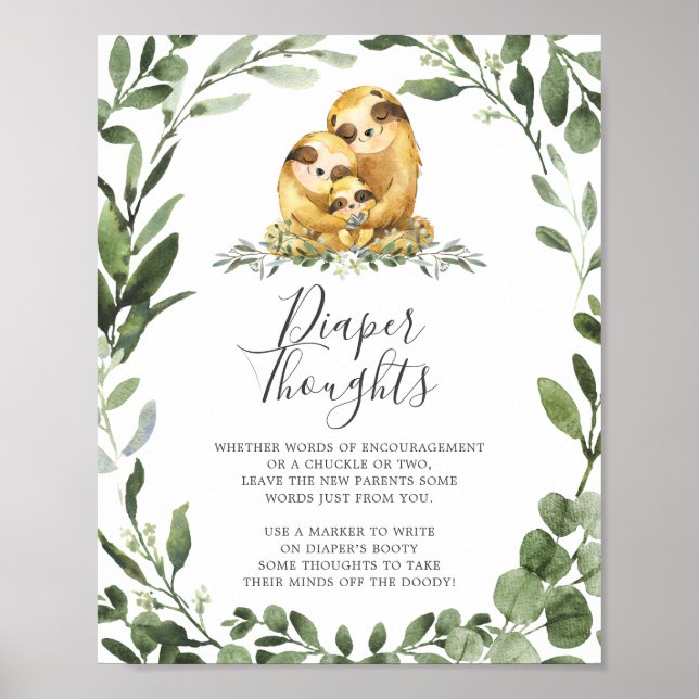 Sloth Family Baby Shower Diaper Thoughts Sign (Front)