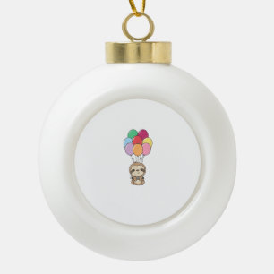 Sloth Flies Up with Colourful Balloons Kawaii Slot Ceramic Ball Christmas Ornament
