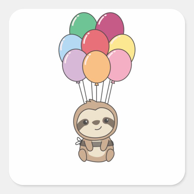 Sloth Flies Up With Colourful Balloons Square Sticker (Front)
